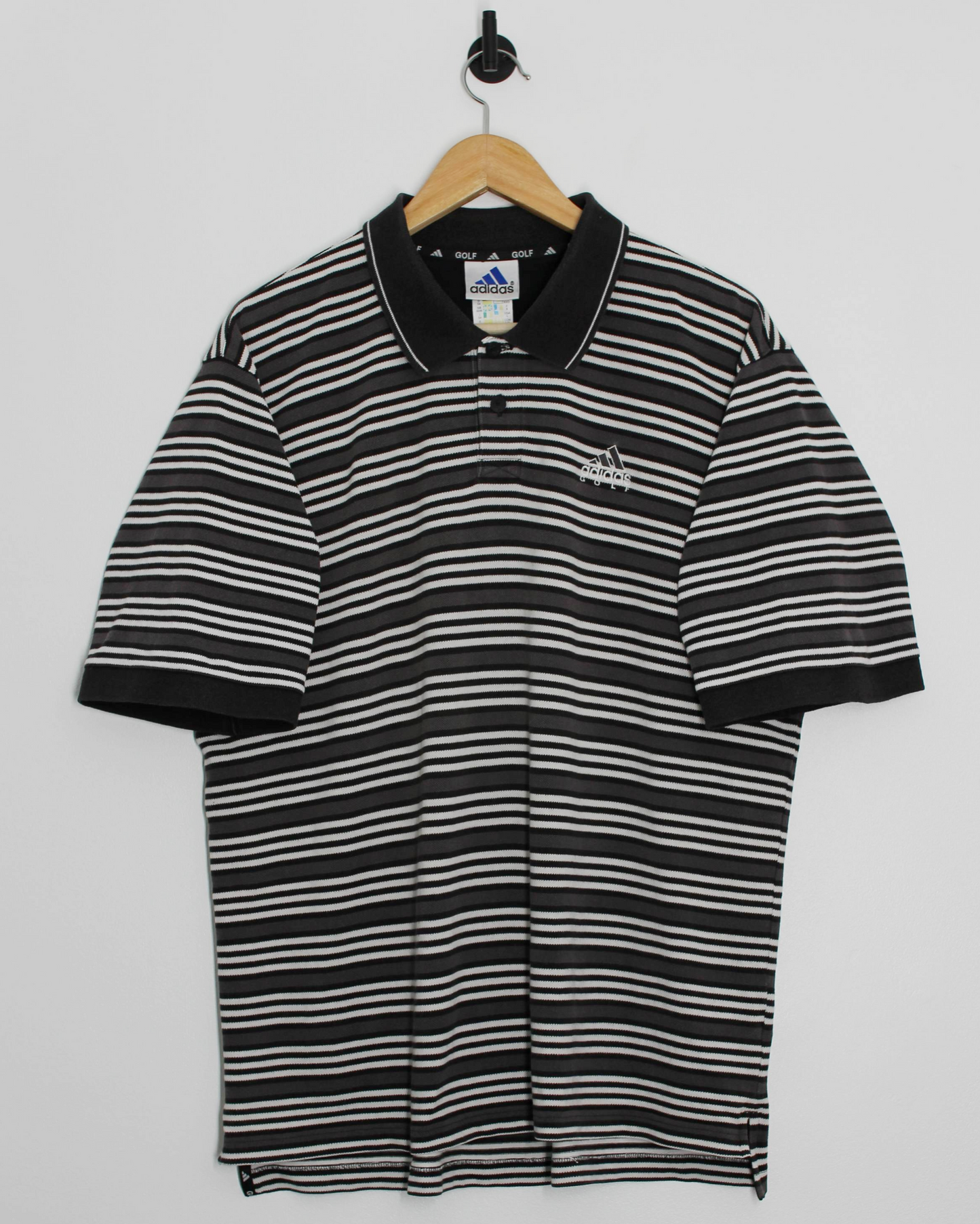 00s Adidas Grey/Black/White Striped Polo-Shirt (XL)