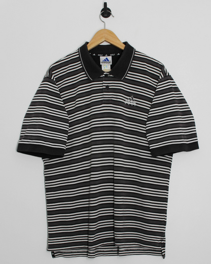 00s Adidas Grey/Black/White Striped Polo-Shirt (XL)