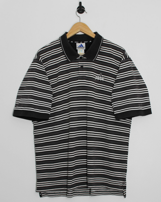 00s Adidas Grey/Black/White Striped Polo-Shirt (XL)