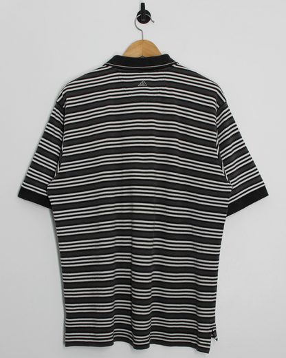 00s Adidas Grey/Black/White Striped Polo-Shirt (XL)