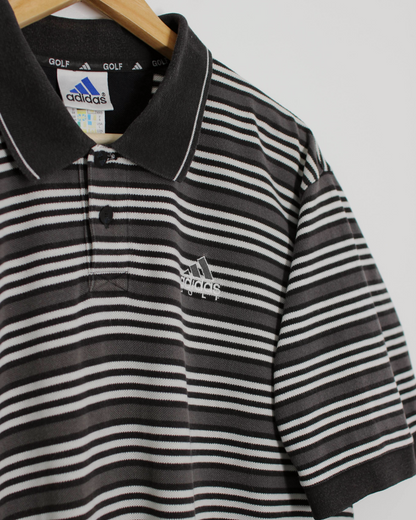 00s Adidas Grey/Black/White Striped Polo-Shirt (XL)