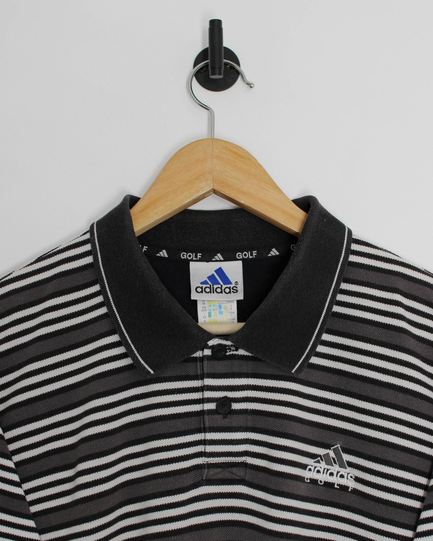 00s Adidas Grey/Black/White Striped Polo-Shirt (XL)