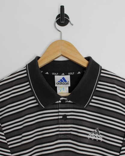 00s Adidas Grey/Black/White Striped Polo-Shirt (XL)