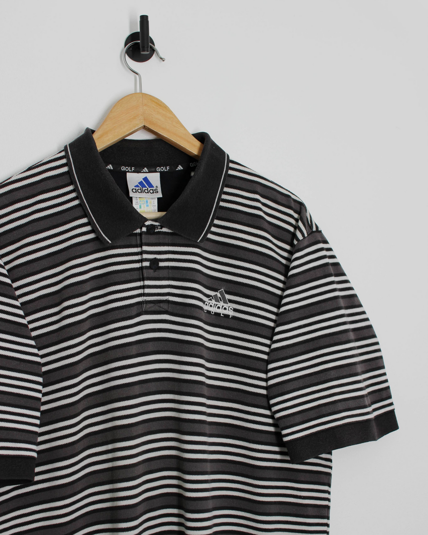 00s Adidas Grey/Black/White Striped Polo-Shirt (XL)