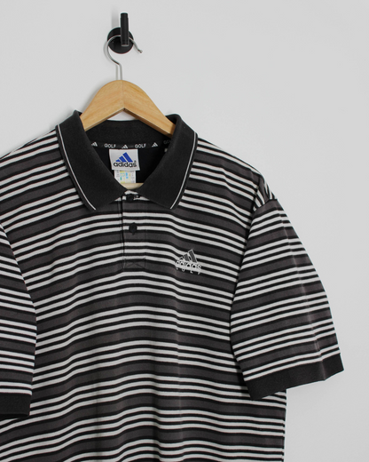 00s Adidas Grey/Black/White Striped Polo-Shirt (XL)