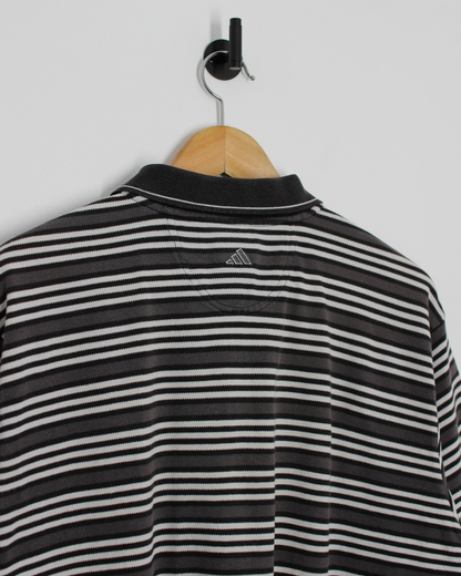 00s Adidas Grey/Black/White Striped Polo-Shirt (XL)