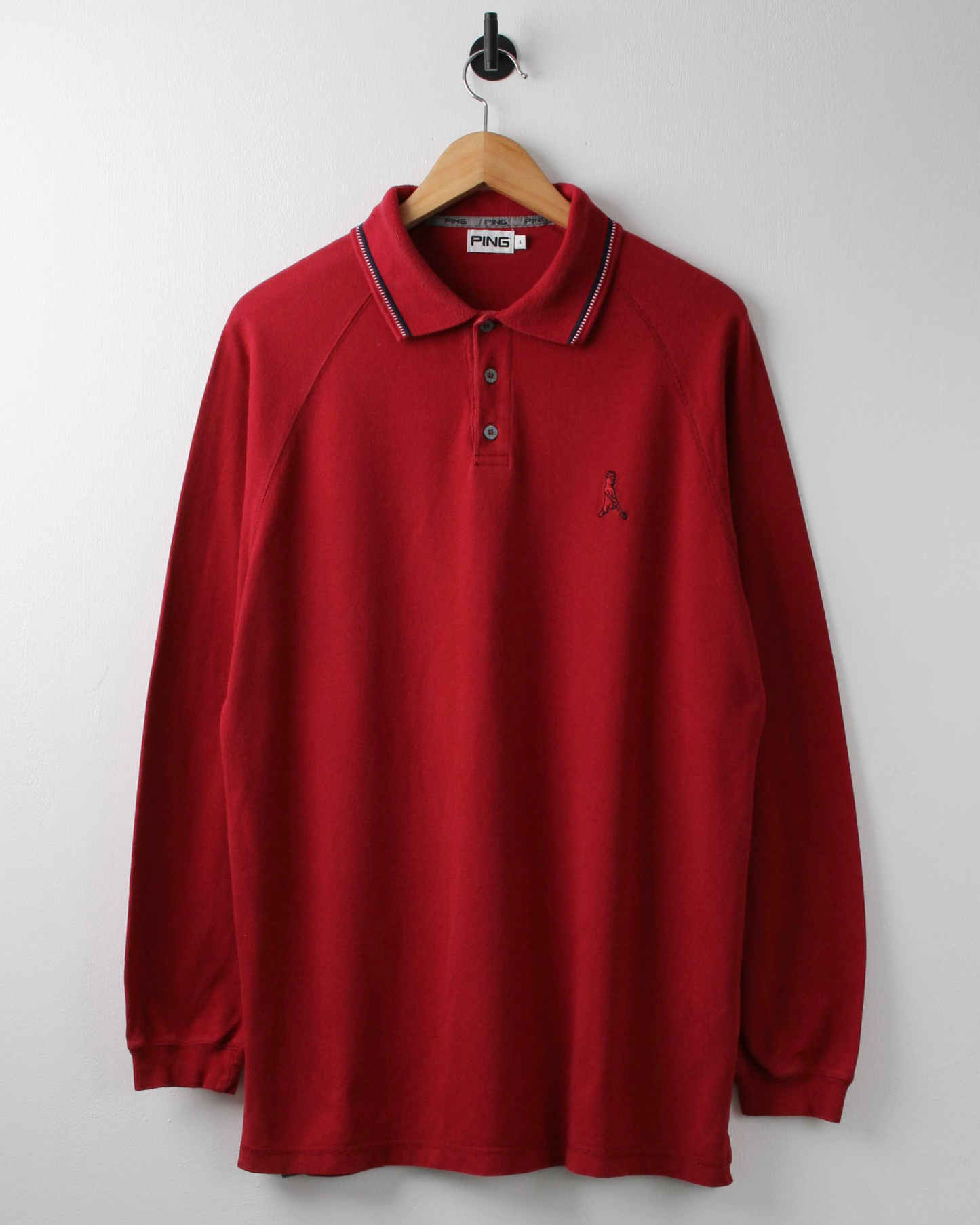 90s Ping ‘Mr Ping’ Logo Red Long Sleeve Golf Polo (L)