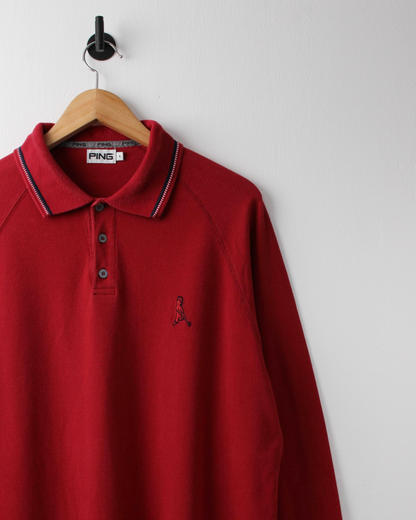 90s Ping ‘Mr Ping’ Logo Red Long Sleeve Golf Polo (L)