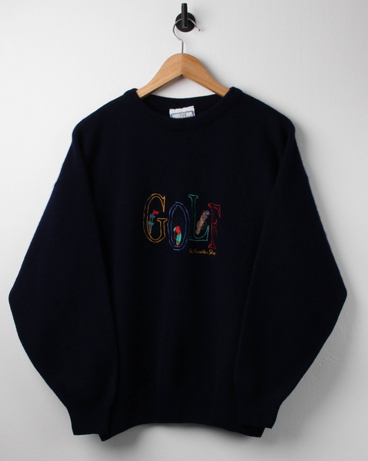90s The Sweater Shop Navy ‘Golf’ Graphic Wool Knit (M)