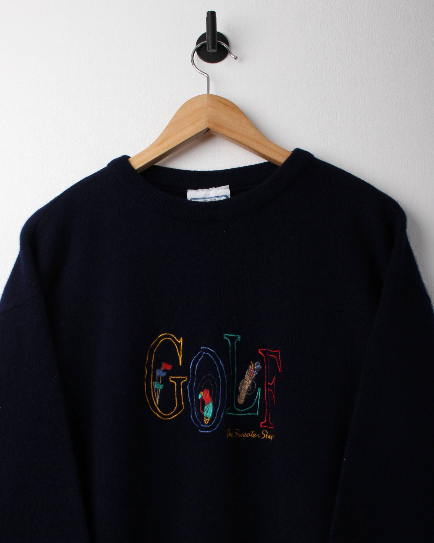 90s The Sweater Shop Navy ‘Golf’ Graphic Wool Knit (M)