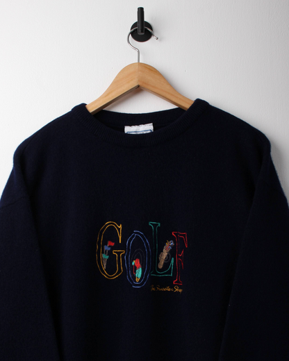 90s The Sweater Shop Navy ‘Golf’ Graphic Wool Knit (M)