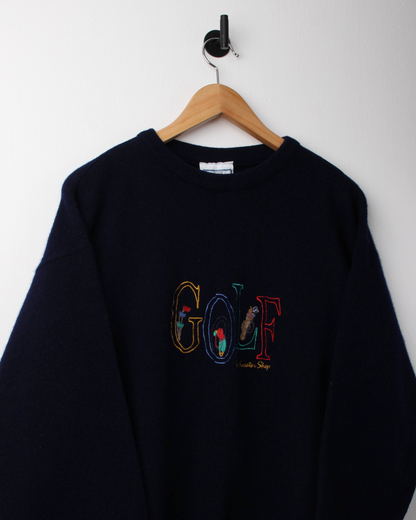 90s The Sweater Shop Navy ‘Golf’ Graphic Wool Knit (M)