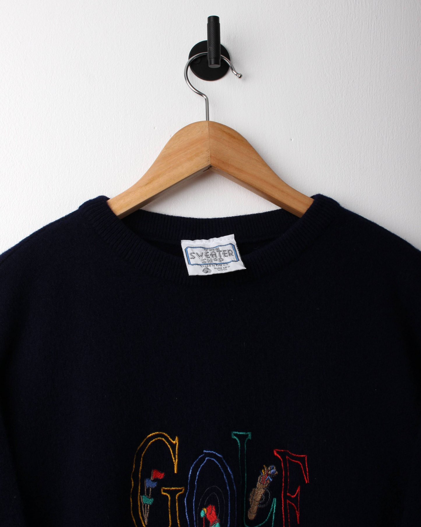 90s The Sweater Shop Navy ‘Golf’ Graphic Wool Knit (M)