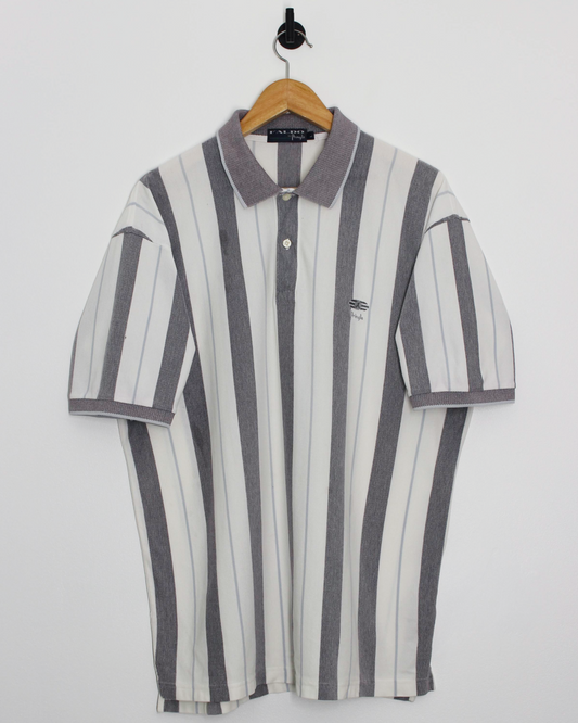 90s Pringle Faldo Collection White/Grey Striped Polo-Shirt (L)