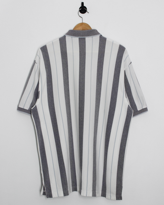 90s Pringle Faldo Collection White/Grey Striped Polo-Shirt (L)