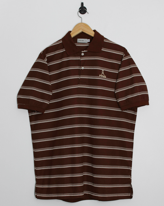 90s Ping Brown/White Striped Polo-Shirt (M)