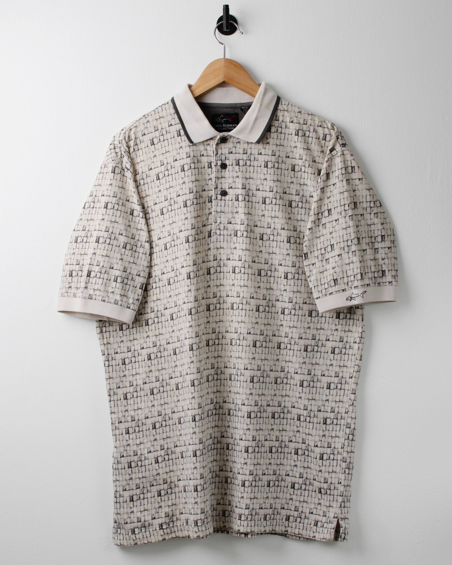90s Greg Norman Cream & Black Abstract Chequered Polo (L)