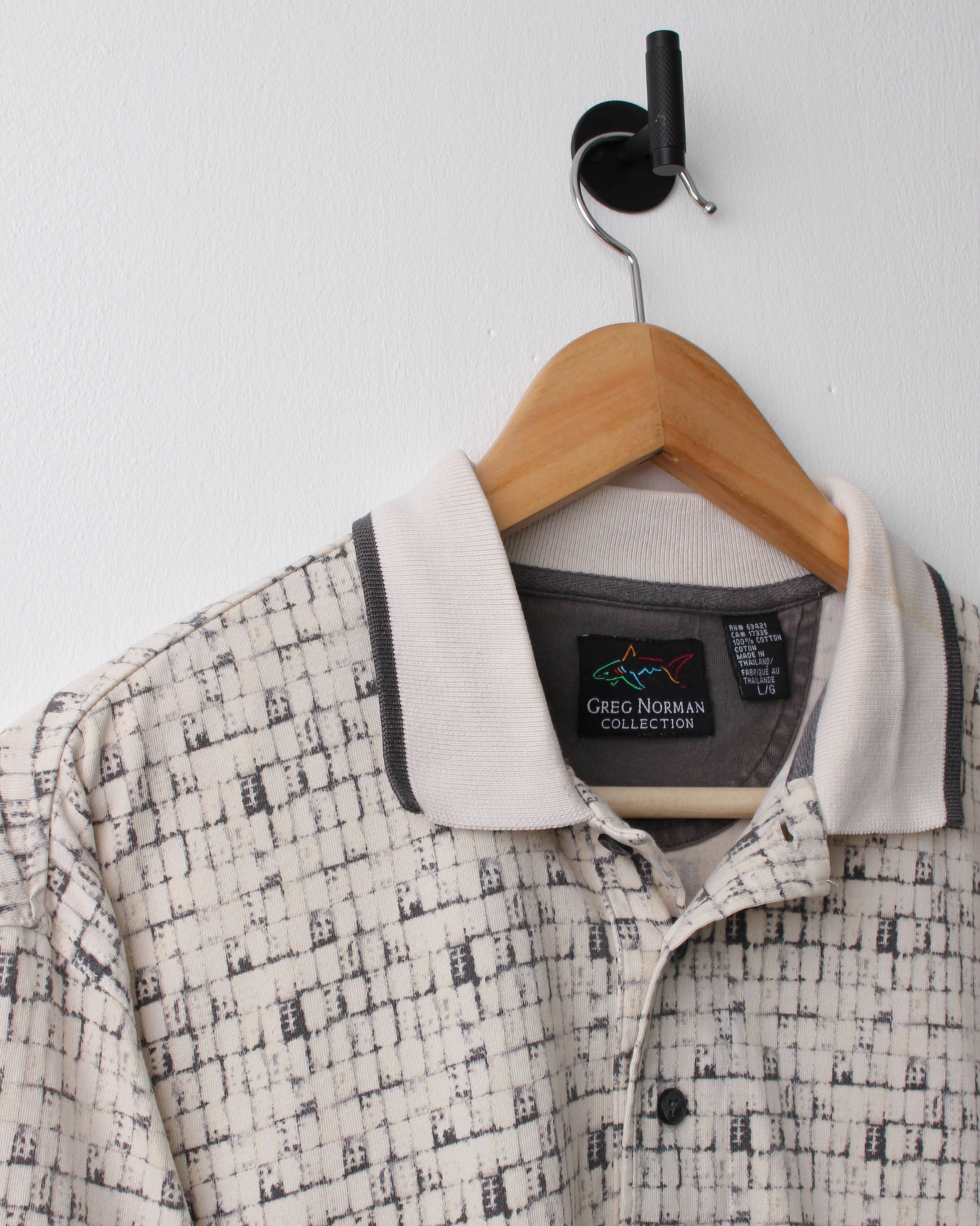 90s Greg Norman Cream & Black Abstract Chequered Polo (L)