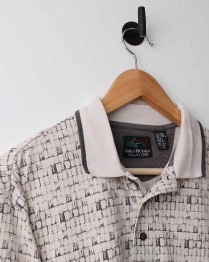 90s Greg Norman Cream & Black Abstract Chequered Polo (L)