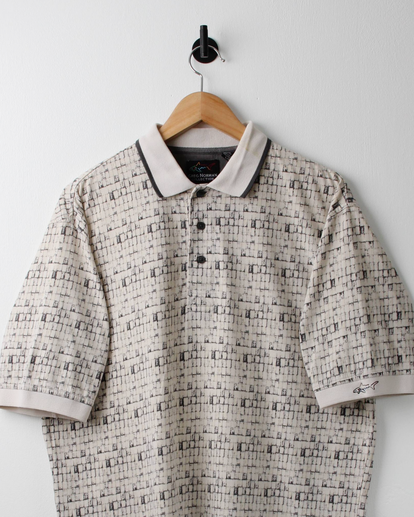 90s Greg Norman Cream & Black Abstract Chequered Polo (L)