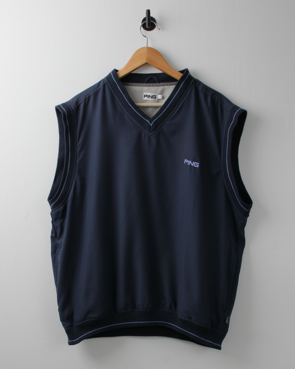 00s Ping ‘Mr Ping’ Logo Navy Windbreaker Golf Vest (L)