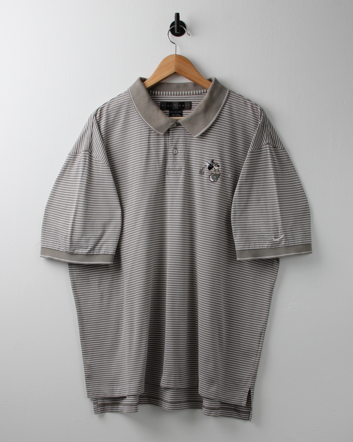 00s Nike Mickey Mouse Olive Green & White Striped Polo (XL)