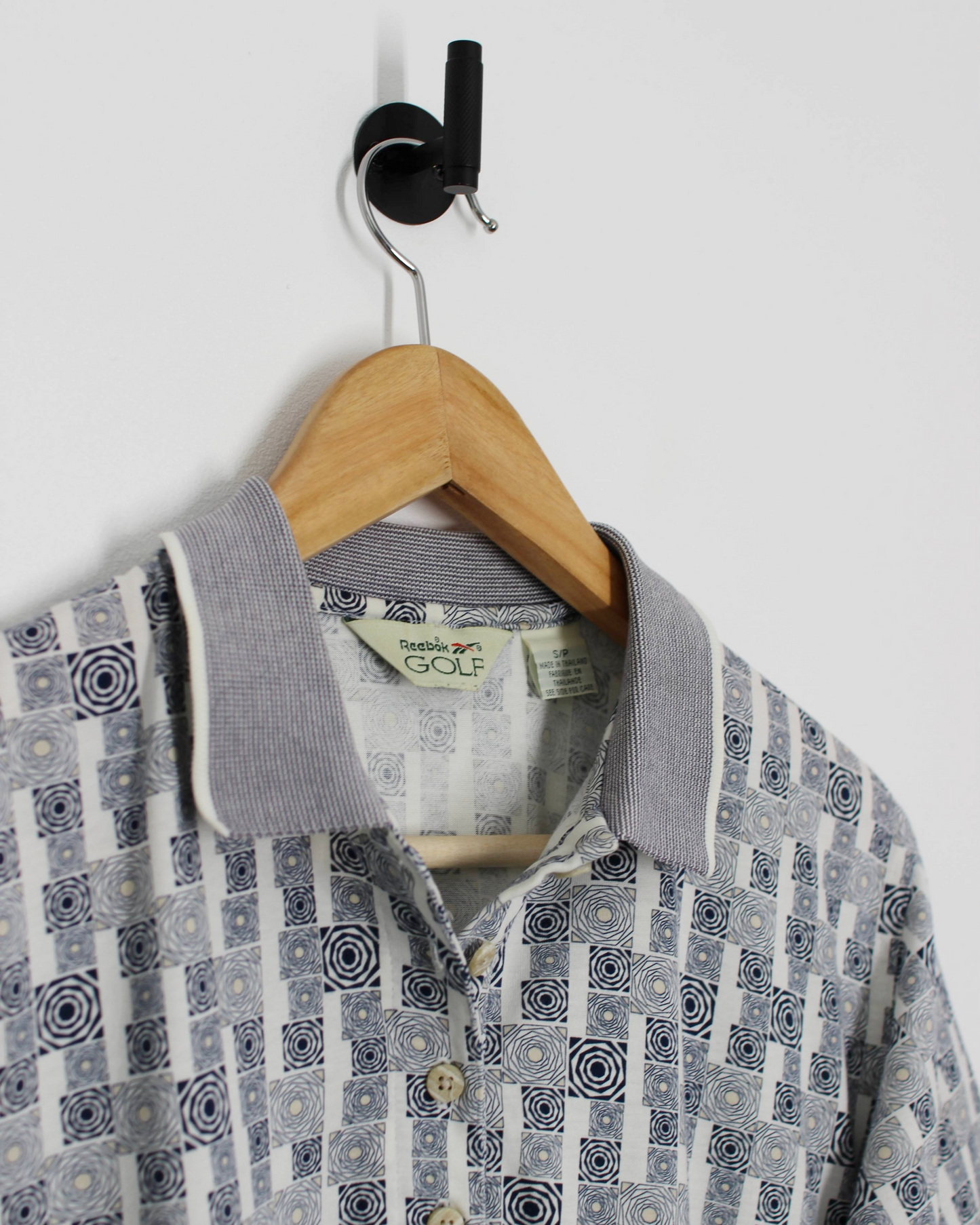 90s Reebok White/Grey Abstract Polo-Shirt (XS)