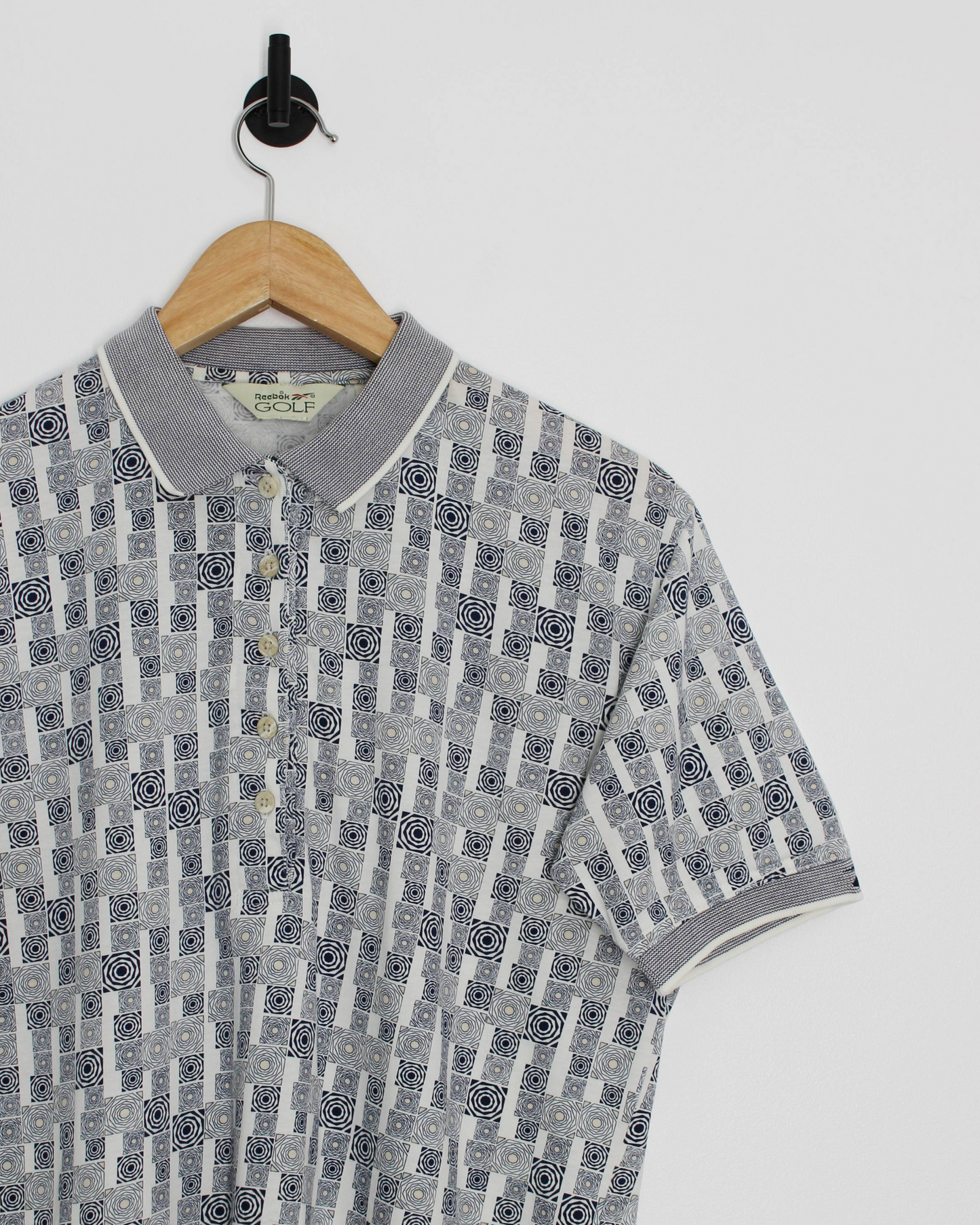 90s Reebok White/Grey Abstract Polo-Shirt (XS)