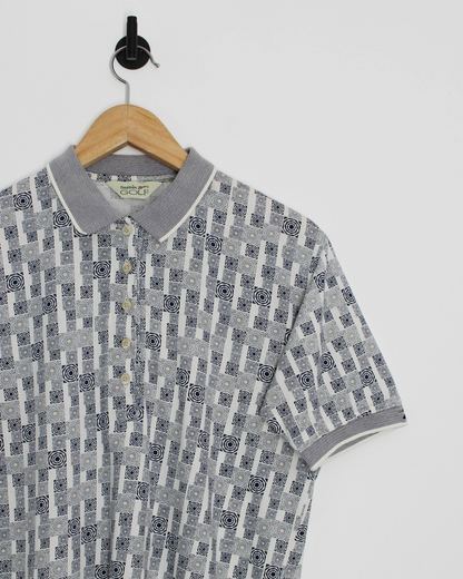 90s Reebok White/Grey Abstract Polo-Shirt (XS)