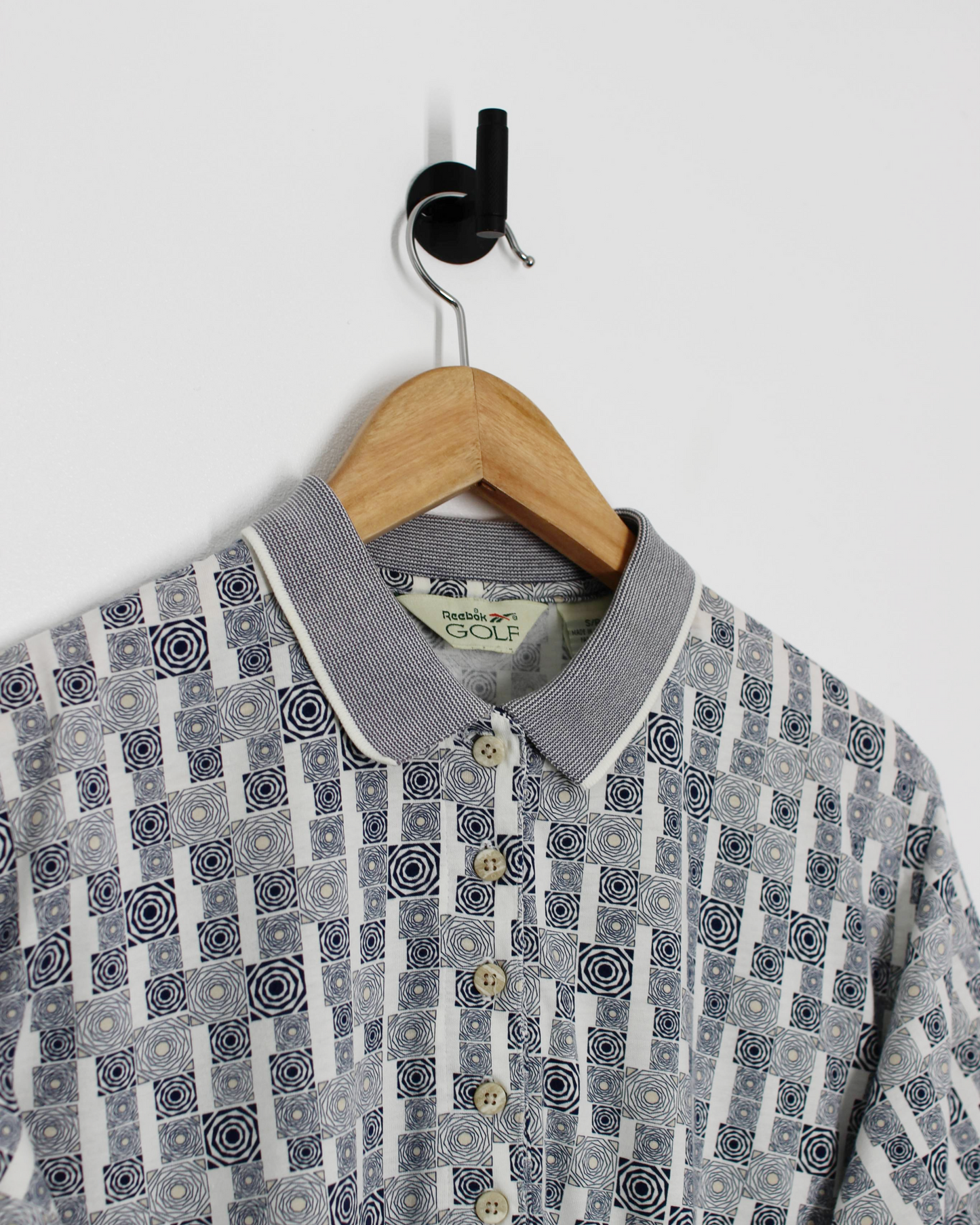 90s Reebok White/Grey Abstract Polo-Shirt (XS)