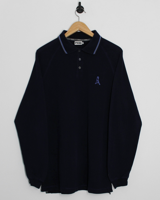 00s Ping ‘Mr Ping’ Logo Navy Long Sleeve Polo-Shirt (M)