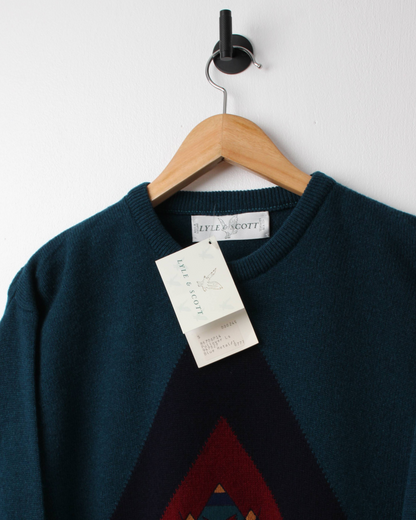00s Lyle & Scott Teal Graphic Knit with Tags (M)