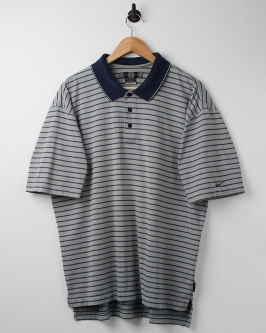 00s Nike Grey/Navy Striped Polo (L)