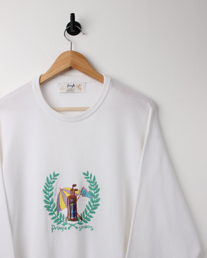 90s Pringle Sports White Graphic Crewneck Knit (M)