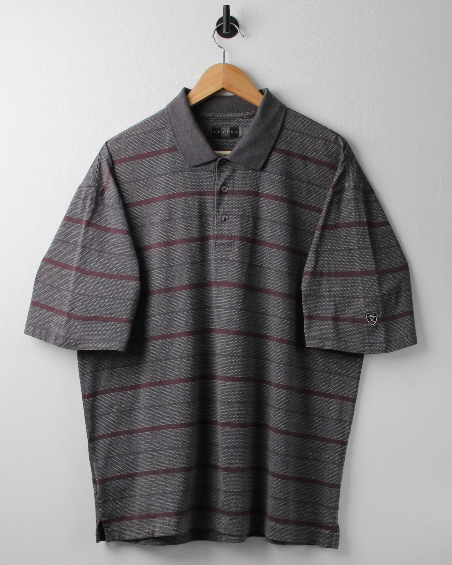 00s Nike Shield Logo Grey & Burgundy Striped Polo (L)