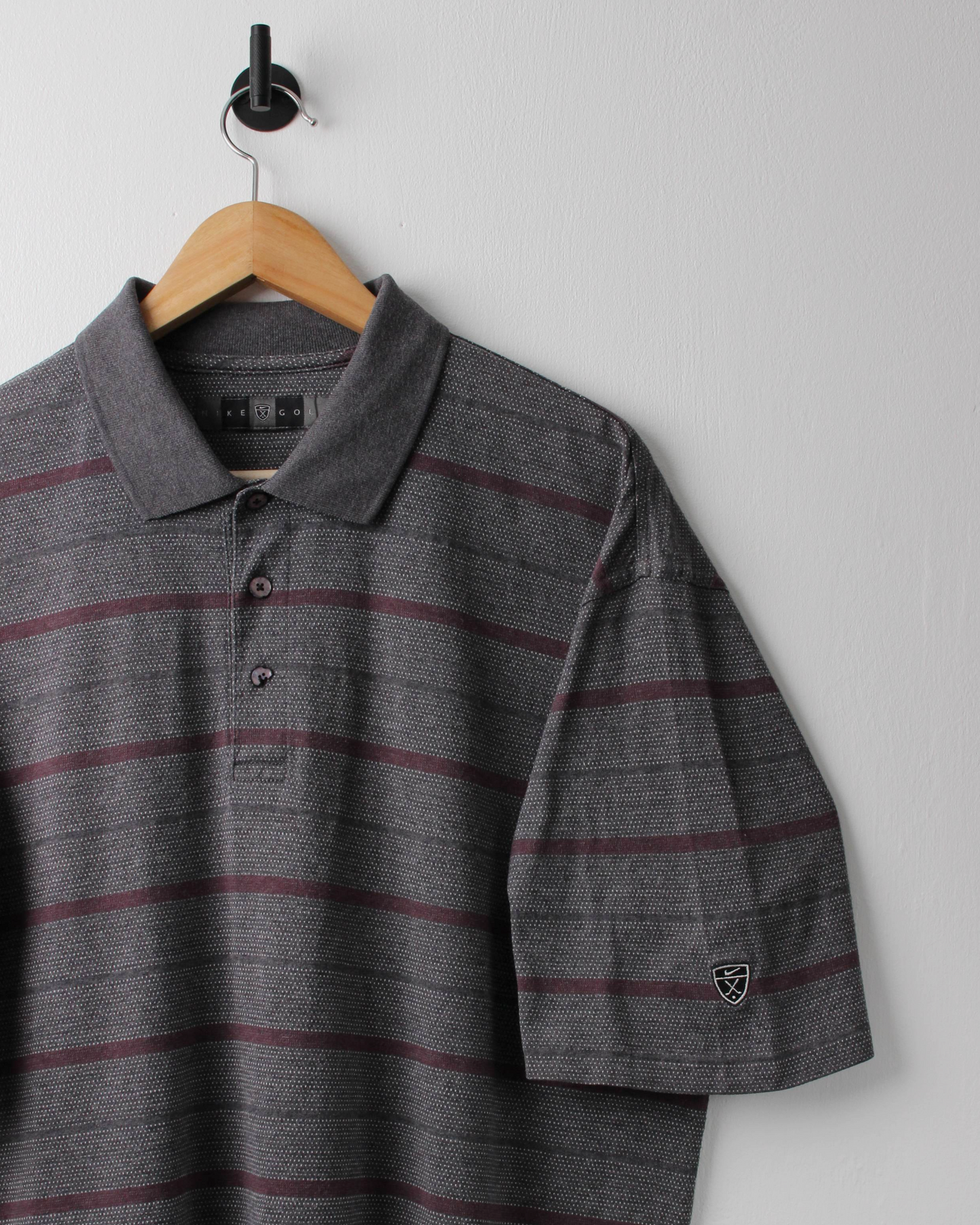 00s Nike Shield Logo Grey & Burgundy Striped Polo (L)