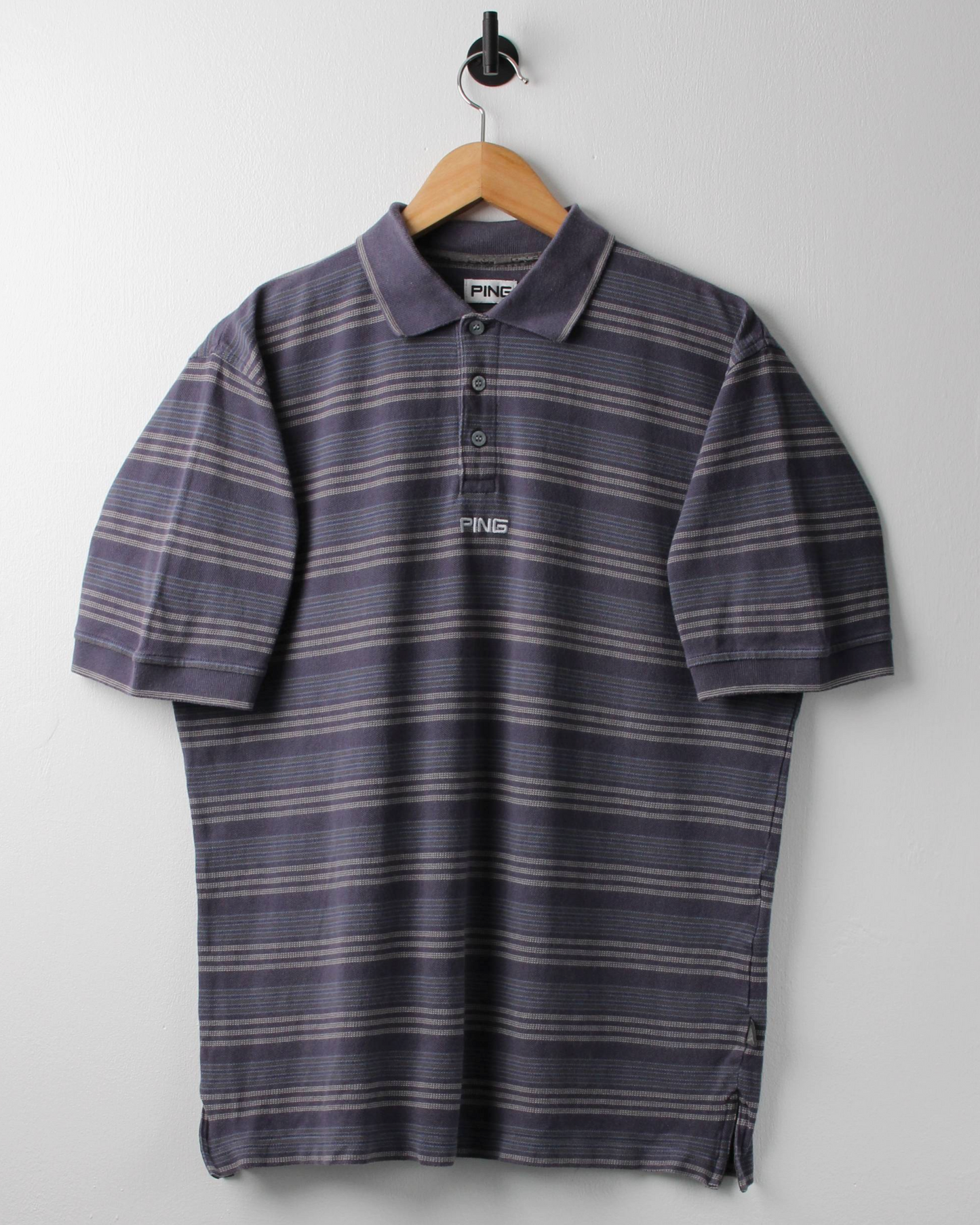 00s Ping ‘Mr Ping’ Logo Blue Striped Polo (S)