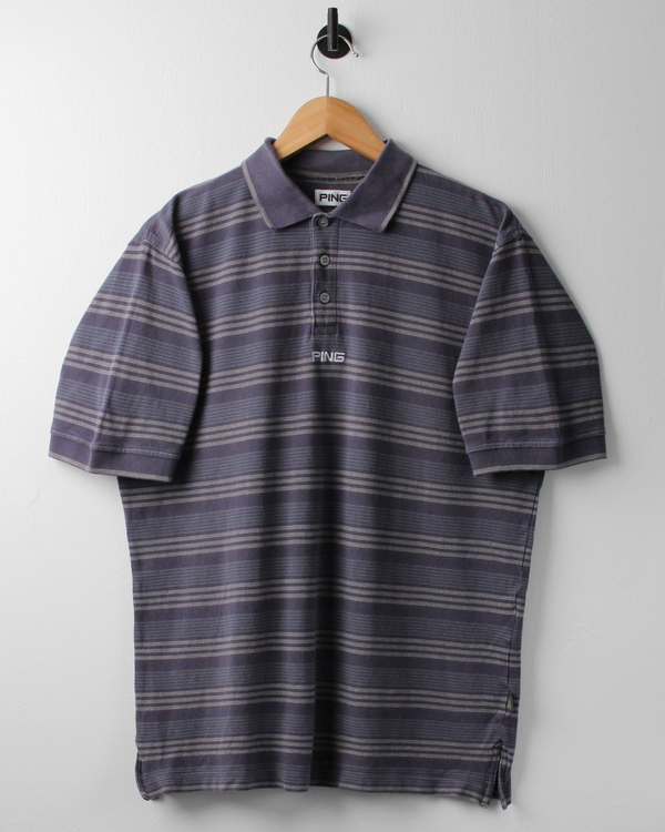 00s Ping ‘Mr Ping’ Logo Blue Striped Polo (S)