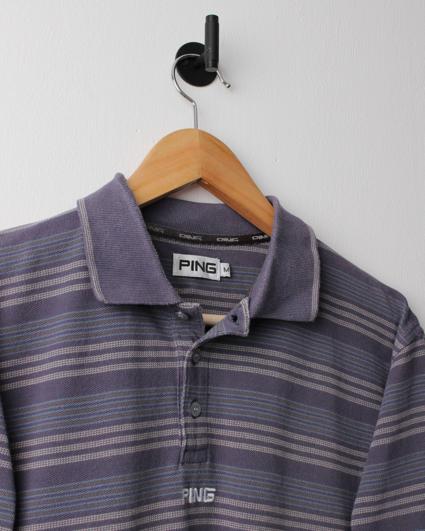 00s Ping ‘Mr Ping’ Logo Blue Striped Polo (S)