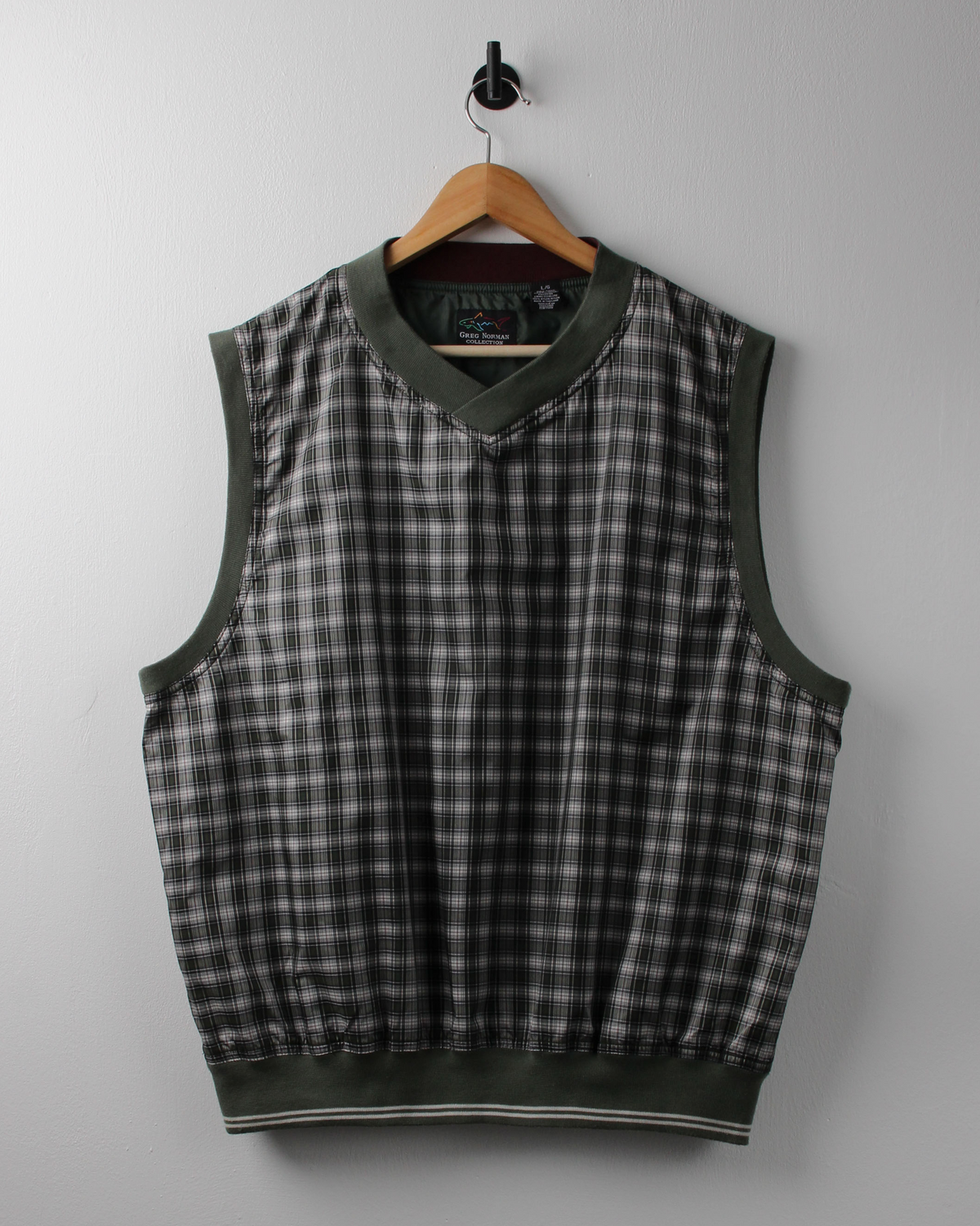 90s Greg Norman Green Chequered Windbreaker Golf Vest (L)
