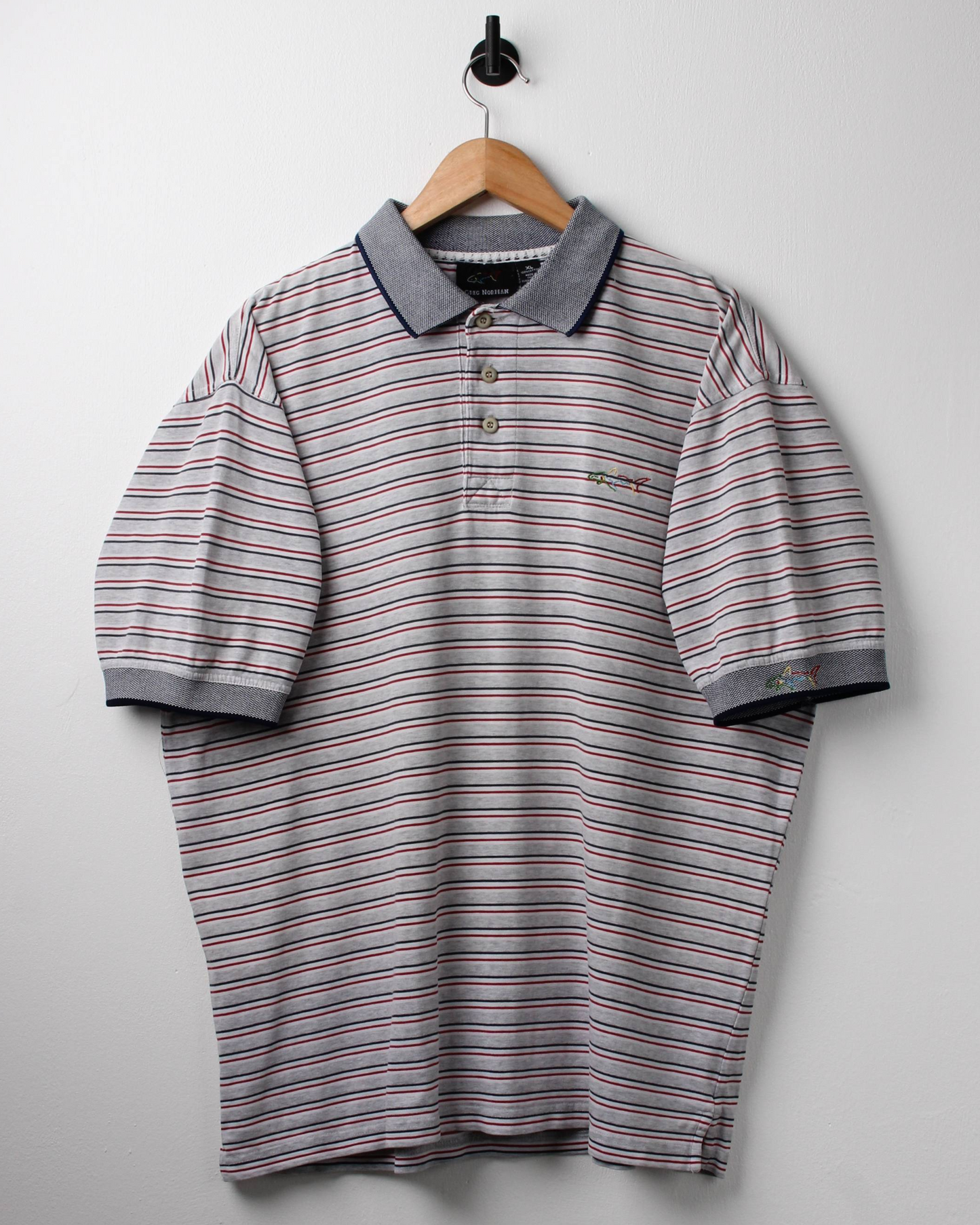 90s Greg Norman Grey Striped Polo-Shirt (XL)
