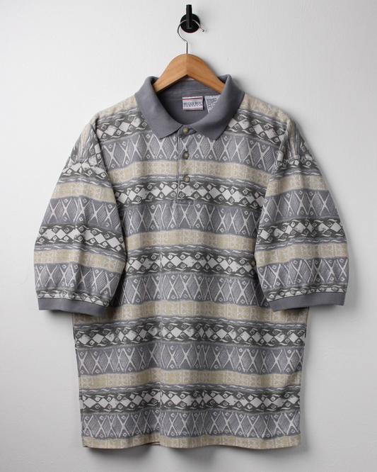90s Bugle Boy Abstract Grey/Cream Polo-Shirt (M)