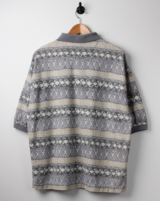90s Bugle Boy Abstract Grey/Cream Polo-Shirt (M)