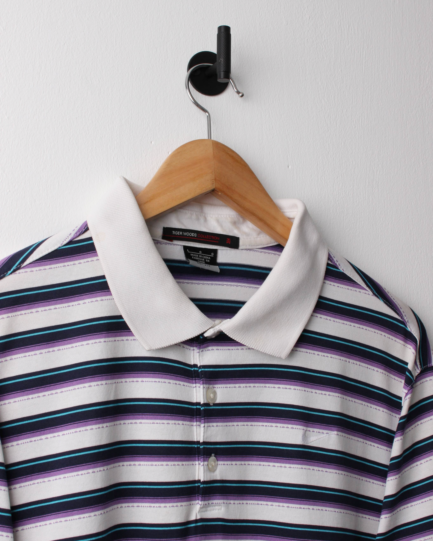 00s Nike Tiger Woods White, Navy & Purple Striped Polo (L)