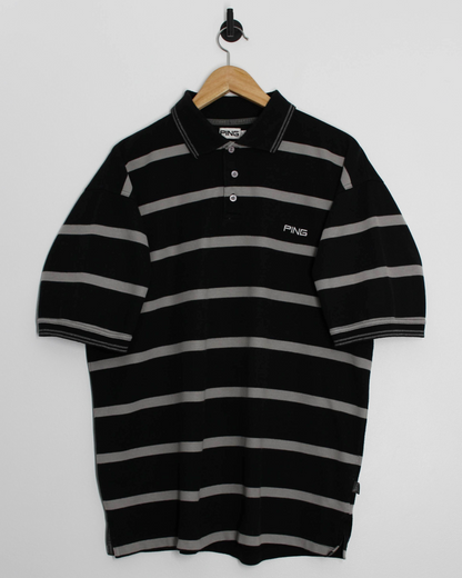 00s Ping Black/Grey Striped Polo-Shirt (L)