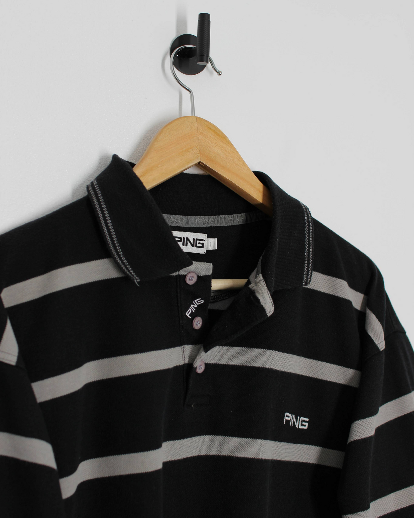 00s Ping Black/Grey Striped Polo-Shirt (L)