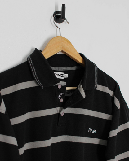 00s Ping Black/Grey Striped Polo-Shirt (L)