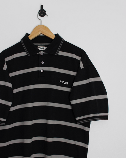 00s Ping Black/Grey Striped Polo-Shirt (L)
