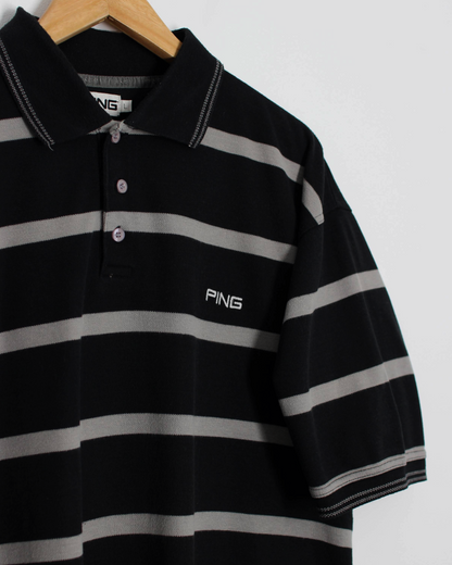 00s Ping Black/Grey Striped Polo-Shirt (L)