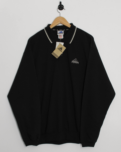 00s Adidas Black Long Sleeve Polo-Shirt Sweatshirt with Tags (L)